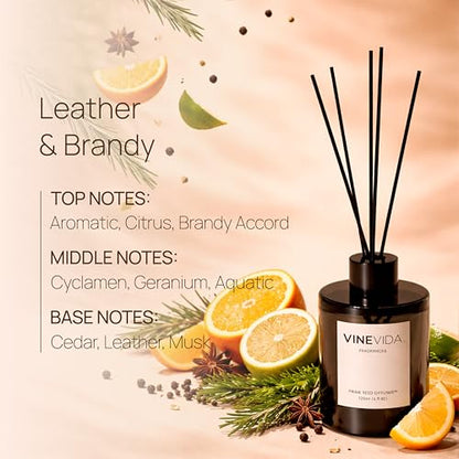 VINEVIDA | Leather & Brandy | Reed Diffuser for Home & Bathroom | Long-Lasting Scent Sticks Set | Oil Stick Diffuser | Bathroom Scent