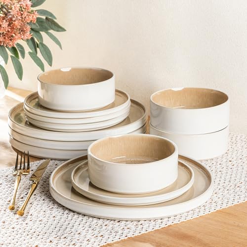 AmorArc Ceramic Dinnerware Sets for 6,18 Piece Plates and Bowls Sets Dishes | Stoneware Handmade Reactive Glaze Dishes Set | Highly Chip and Crack Resistant | Dishwasher & Microwave Safe - color: Reactive Sand, size: Service for 6