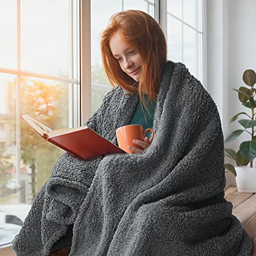 Catalonia Sherpa Throw Blanket, Fuzzy Snuggly Blanket for Camping Traveling Couch Bed, Super Soft, Light Weight, Reversible, All Season Use, Valentine's Day Gift, 50x60 inches - color: Charcoal