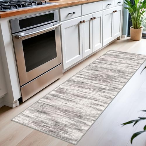 KOZYFLY Modern Kitchen Runner Rug 2x6 Washable Rug Runner Grey Beige | Non-Slip, Non-Shedding, Low Pile Soft, Abstract Striped, For Hall Kitchen Entryway Bathroom Laundry Bedroom Foyer - color: Grey/Light Beige/Brown, size: 2' x 6' (Runner)