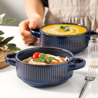 Soup Bowls with Handles, 23 oz French Onion Soup Crocks, Stackable Soup Bowl Oven Safe for Chili, Beef Stew, Embossment Ceramic Bowl Set - 5.4 Inch, Set of 4,Blue - color: Blue