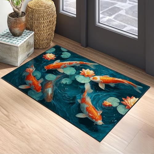Koi Fish Area Rug 2x3 ft Entry Rug Washable Boho Rugs Non Slip Low Pile Floral Door Mat Small Carpet for Bedroom, Bedside, Kids Room, Office, Dining Room - color: Koi, size: 2' x 3' (Rectangular)