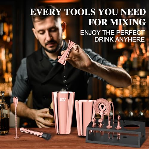 IOV Cocktail Shaker Set: 12-Piece Mixology Bartender Kit Bar Set | 16oz & 28oz Boston Shaker Drink Mixing Tools for Home with Recipe Booklet and Stand | Fun Housewarming Gift (Rose Gold) - color: 12 Pcs - Rose Gold