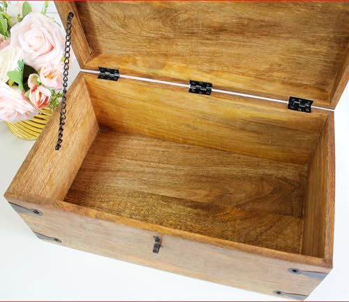 Treasure Chest Wooden Box with Antique Iron Lock and Skeleton Key (X-Large 17x10x7.5) - Storage and Decor – Pirate Wooden Treasure Chest, Decorative Box with Hinged Lid, - size: X-Large 17 x 10 x 7.5"