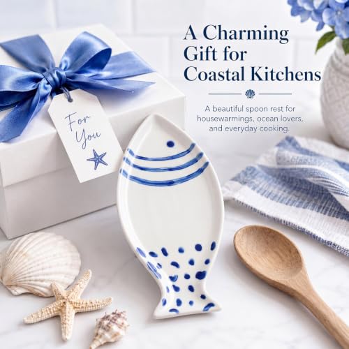 Ceramic Fish Spoon Rest for Kitchen Coastal Ocean Decoration | Spoon Holder for Stove Counter, Blue White, Cutlery Rest, Ocean Lovers, Housewarming Gifts, 7.87 x 3.94 Inches - style: Fish