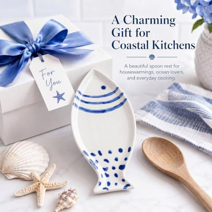 Ceramic Fish Spoon Rest for Kitchen Coastal Ocean Decoration | Spoon Holder for Stove Counter, Blue White, Cutlery Rest, Ocean Lovers, Housewarming Gifts, 7.87 x 3.94 Inches - style: Fish