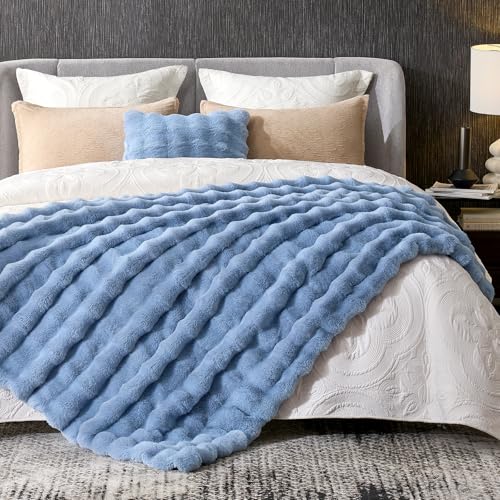 Cozy Bliss Faux Fur Bubble Throw for Couch, Fuzzy Soft Plush Thick Blanket for Sofa Bedroom Living Room, 60x80 Inches Misty Blue - color: Misty Blue, size: Twin(60" x 80")