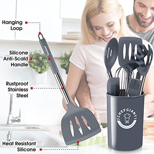 Silicone Cooking Utensils Set - Stainless Steel Handle, 15 Piece Kitchen Utensil Sets | Nonstick, Heat Resistant, BPA Free & Dishwasher Safe | Grey - color: Gray