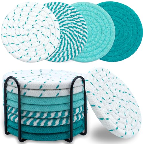 8 Pcs Drink Coasters with Holder, Minimalist Cotton Woven Coaster Set, 4 Colors Absorbent Coaster Protection Protection for Various Cups, Ideal for Coffee Tables and Home Decor Tabletop, 4.3 Inches - color: Green