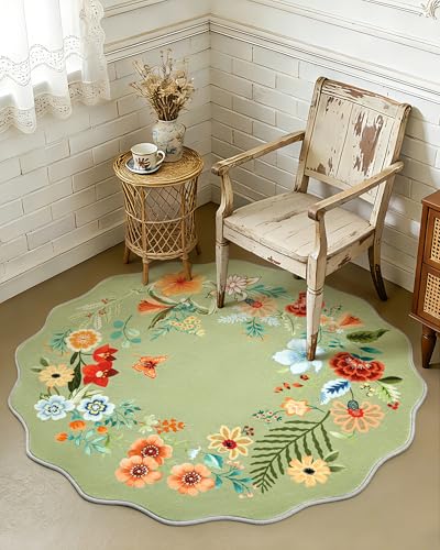 Carvapet 3ft Round Area Rug - Scalloped Floral Botanical Circle Carpet | Scalloped 3ft green round botanical rug under $30 washable floral circle accent mat for nursery bedroom reading nook non-slip - color: Green Round Rug, size: 3' (Round)