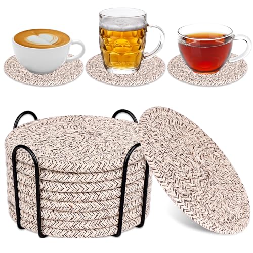 8 Pack Drink Coasters with Holder, Absorbent Coasters for Coffee Table, Minimalist Cotton Woven Coaster Set for Home Decor Tabletop Protection Suitable for Kinds of Cups, 4.3 Inches. - color: Color C
