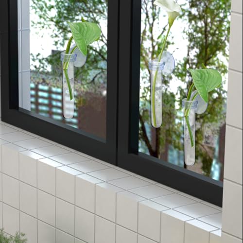 6 PCS Window Propagation Stations, Clear Plastic Plant Propagation Tubes with Suction Cups, Wall Hanging Terrarium Water Plant Holders for Home & Office Decor, Easy to Install