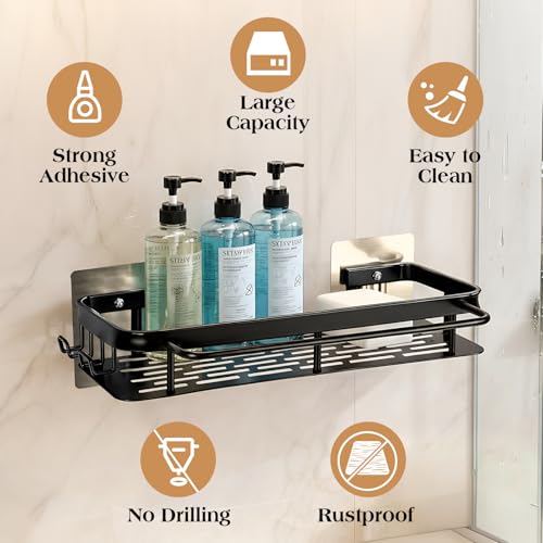 No-Drill Adhesive Shower Caddy, Black Aluminum Shelves 2-Pack | Heavy-duty rustproof shower organizer fits large bottles. Smooth safe edge & slatted fast-drain base with hooks, towel bar