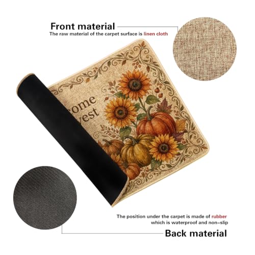 Sunflowers Welcome Door Mat, Seasonal Rustic Pumpkins Harvest Autumn Yellow Non-Slip Dirt Trapper Decorative Doormat Entryway Decor for Front Porch Bathroom Office 29x17 Inch