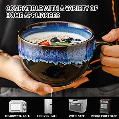 KOOV Ceramic Soup Mug, Soup Bowls with Handles Microwave Safe, 24 Ounce Jumbo Mug and Cereal Mugs Set of 4, Reactive Glaze (Nebula Blue) - color: Nebula Blue