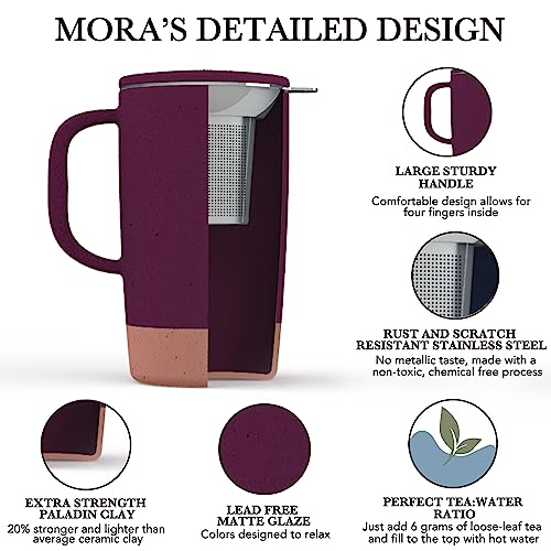 Mora Ceramics Large Tea Mug with Loose Leaf Infuser and Ceramic Lid, 18 oz, Portable, Microwave and Dishwasher Safe, Tall Coffee Cup - Rustic Matte Ceramic Glaze, Modern Herbal Tea Strainer, Merlot - color: Merlot