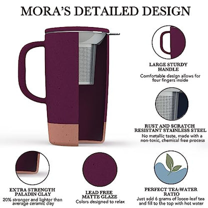 Mora Ceramics Large Tea Mug with Loose Leaf Infuser and Ceramic Lid, 18 oz, Portable, Microwave and Dishwasher Safe, Tall Coffee Cup - Rustic Matte Ceramic Glaze, Modern Herbal Tea Strainer, Merlot - color: Merlot