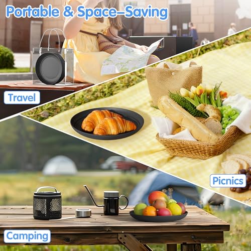 Quatish 16 PCS Unbreakable Reusable Plastic Plates,8 inch Dishwasher & Microwave Safe Dinner Plate, Easy-to-Clean Lightweight,Portable for Kitchen & Picnics Wheat Straw Plates （Black） - color: Black