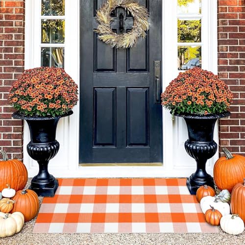 KIMODE Fall Decor Front Door Mat Buffalo Plaid Outdoor Front Porch Rug | Fall Farmhouse Checkered,Orange and White,24"x51",Washable,Cotton,Thanksgiving Layered Door Mats Outdoor Autumn Holiday Decor - color: Orange/White, size: 2' x 4'3" (Rectangular)