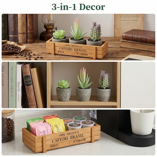 DomeStar Set of 3 Mini Potted Artificial Succulent Plants with Wood Planter | Indoor Office Desk, Apartment Wedding Tabletop, Greenery Decorations