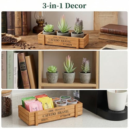 DomeStar Set of 3 Mini Potted Artificial Succulent Plants with Wood Planter | Indoor Office Desk, Apartment Wedding Tabletop, Greenery Decorations