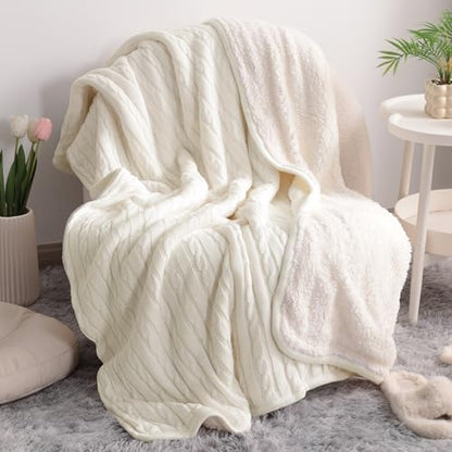 NTBAY Twin Cotton Cable Knit Sherpa Blanket, 60 x 80, White | Cotton Cable Knit Front with Warm Sherpa Reverse, 60 x 80 Inch Twin Blanket for Bed, Sofa, and Cold-Weather Layering - color: White