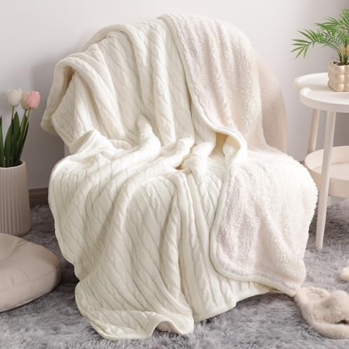 NTBAY Twin Cotton Cable Knit Sherpa Blanket, 60 x 80, White | Cotton Cable Knit Front with Warm Sherpa Reverse, 60 x 80 Inch Twin Blanket for Bed, Sofa, and Cold-Weather Layering - color: White
