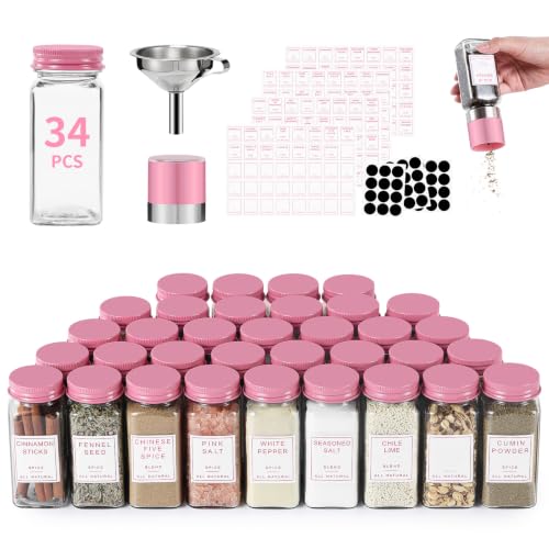 FavorFlavor Airtight Spice Containers for Kitchen: 34P 4oz Pink Glass Jars | Pink Metal Lids Square Spice Jars w/Lables/Pepper Grinder/Funnel - Seasoning Bottles for Rack/Cabinet/Drawer - color: pink-34