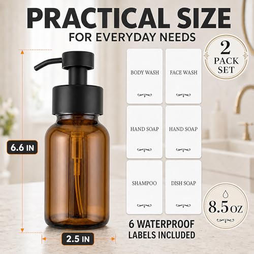 2 Pcs Amber Glass Foaming Soap Dispenser with Pump, 8.5 oz Bottles | Refillable Soap Dispensers for Hand Wash, Dish Liquid, Shampoo, Gel - Rich Foam with Every Press, for Bathrooms and Kitchens