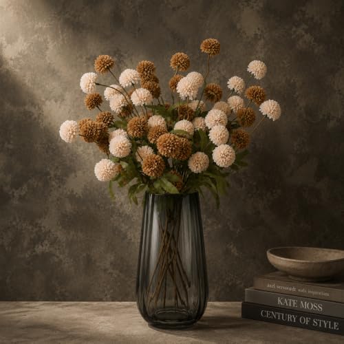 Silk Chrysanthemum Arrangement with Vase for Fall Dining Table Decor | 10 Stems Low-maintenance flowers bring cozy seasonal color to mantels, dressers, nightstands, shelves, and entryways. - color: Brown/Beige(mix)