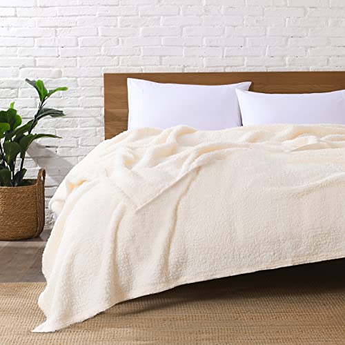 Ultra Soft Fleece Sherpa Blanket Queen Size, Lightweight Cozy Pattern Reversible Bed Blanket for All Season, Antique White, 90”x90” - color: Antique White, size: Queen-90" x 90"