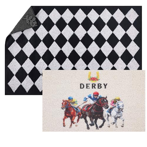 2 Pcs Derby Doormats Horse Race Layered Front Door Mats Non Slip Floor Coir Rugs Black and White Layered Checkered Doormats for Porch Entryway Indoor Outdoor Home Decor - style: Derby