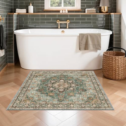 3x3 Washable Rug: Area Rugs for Kitchen Bedroom Bedside Bathroom Entryway | Non Slip Rug with Rubber Backing Low Pile Ultra Soft Stain Resistant Small Carpet Waterproof Easy-Clean Area Rug (Green, 3x3) - color: Green, size: 3' x 3' (Square)