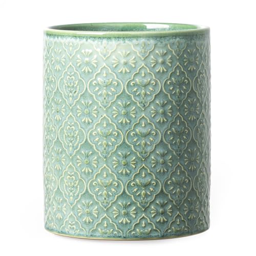 Kitchen Utensil Holder, 6x7 inch Large Ceramic Utensil Holder with Embossed Pattern, Cooking Utensil Crocks for Kitchen Countertop, Home Decor, Forest Green - color: Forest Green
