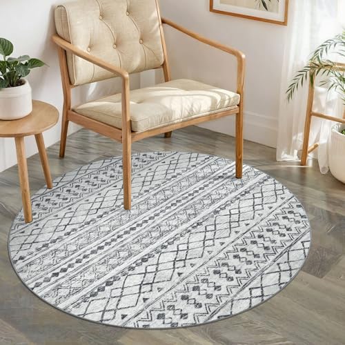 KUTA Boho Geometric Washable Circle Rug 3Ft Grey Moroccan Washable | Non-Slip, Non-Shedding, Low Pile, Ultra Soft Circle Throw for Entry Hallway Nursery Dorm Kitchen Bedside Office - color: Grey, size: 3' (Round)