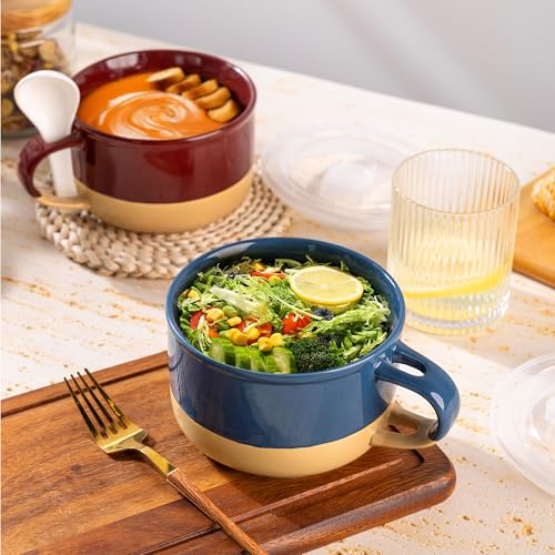GBhome Ceramic Soup Mugs with Handles and Lids,24 OZ Soup Cups Set of 2 | Terracotta Underside,Mug Bowls with Spoon for Soup/Cereal/Salad/Noodles/Ramen/Microware &Dishwasher Safe-Blue&Red - color: Blue&Red