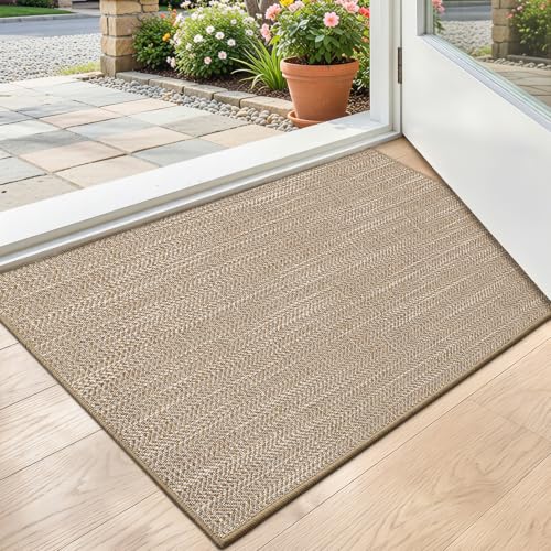 LUMI Ultra Thin Indoor Door Mat 17x30, Non-Slip Rubber Dirt Trapper | Low Profile Entryway Mat, Dirt Resistant Doormat, Stain Resistant Durable, Easy Clean for Inside, Patio, Porch, Khaki - color: Khaki, size: 1'5" x 2'6" (Rectangular)
