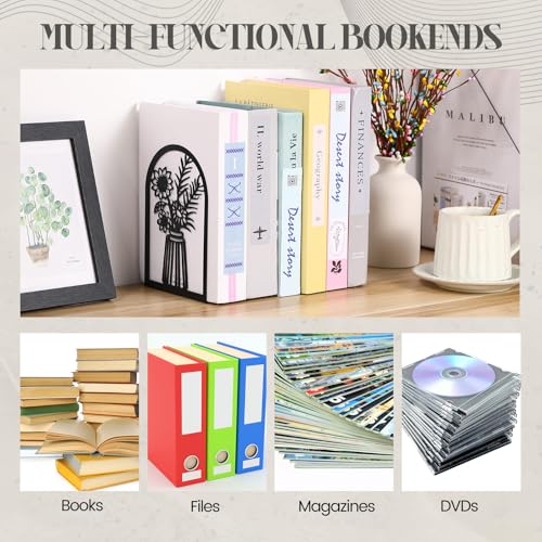 Feifeiya 6 Pairs Decorative Book Ends Metal Bookends for Shelves Black Metal Heavy Duty Book Ends Holder Supports Stoppers for Home Office School, 6.9x4.9x3.5”(Vase) - style: Vase