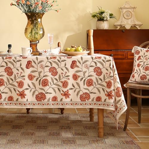 Designer French Linen Rectangular Tablecloth,79"x55"-Alvarado D | Vintage Elegant Beautiful Table Cloth for Rectangle Table,Orange Floral Pattern,Dining Room,Tea Party,Kitchen,Thanksgiving - color: Alvarado D, size: 79" x 55" (Rectangular)