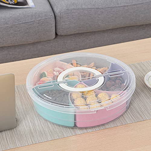 Circle Fruit Tray Separable Snacks Bowl Nut Food Candy Picnic Salad Storage Containers Plastic Platter Divided Serving Tray Portable 5 Compartments with Lid