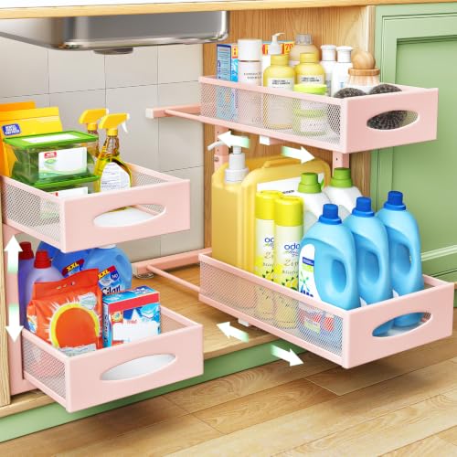 Under Sink Organizer, 2 Tier Pull out Cabinet Organizer Baskets with Mesh Sliding Drawers, Slide out Storage Shelf for Home, Kitchen, Bathroom, Pantry, Office Cabinet(1 Pack, Pink) - color: Pink, size: 1 Pack