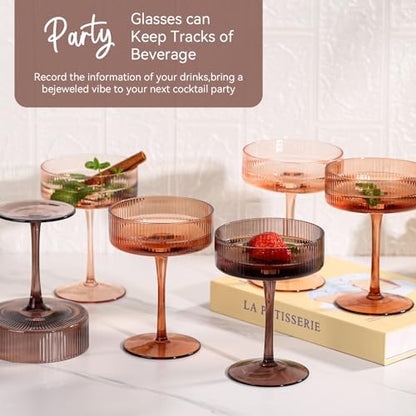 Brown Coupe Glasses Set of 6 |9 oz earth tones Brown martini Glasses |Melanin Cocktail Glasses Set,Champagne Coupe Glasses for Margarita, Bar,Dessert Glass - color: Melanie