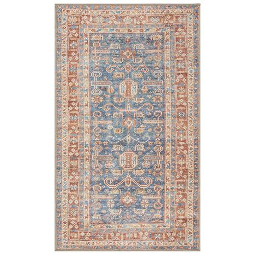 GLN Rugs Bohemian - Jerusalem - Machine Washable Runner Rug, Boho Washable, Non Slip, Low Pile Chenille Area Rug, Hallway, Bedroom, Kitchen Rug - Easy Clean (2'6" x 7' Terra/Slate Blue) - color: Terra/Slate Blue, size: 2'6" x 7' (Runner)