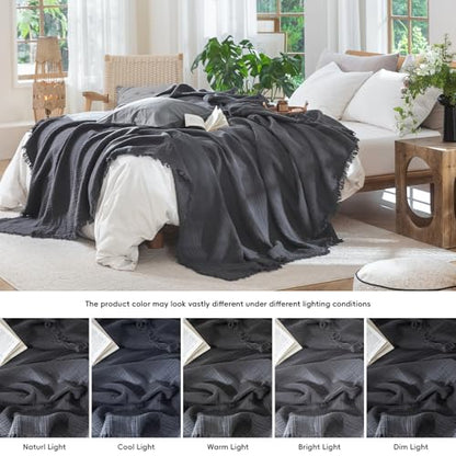 MooMee 100% Cotton Muslin Blanket, Fringed 4-Layer Gauze Bed Throw Blankets | Soft Breathable Lightweight Thin Coverlet Summer Blankets for Adults, Bed & Couch All Seasons, Dark Grey, 98" x 98" - color: Dark Grey, size: Oversize Queen