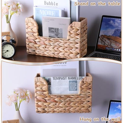 WLLHYF Woven Hanging Magazine Holder Water Hyacinth Storage Basket Wall Mounted Wicker Organizer Boho Modern Farmhouse Book Rack with Handle File Newspaper Mail Holder for Home Office