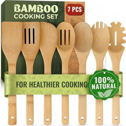 Wooden Utensil Set, Bamboo Utensils – 7 PCs Wood Spoons for Cooking | Lightweight, Easy to Clean, Sturdy & Heat Resistant – Food-Safe, Multipurpose for Stirring & Serving - size: 7 Pieces