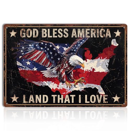 God Bless America Metal Tin Sign 8x12 Inch, Patriotic Bald Eagle American Flag Wall Decor Rustic Land That I Love Plaque for Home Man Cave Garage Living Room - color: B