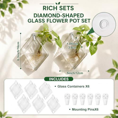 6 Set Wall Hanging Glass Terrariums Planter Wall Propagation Planters Diamond Flower Vase for Indoor Hydroponics Plants, Bathroom, Home Office Living Room Decor(Plants Not Included)