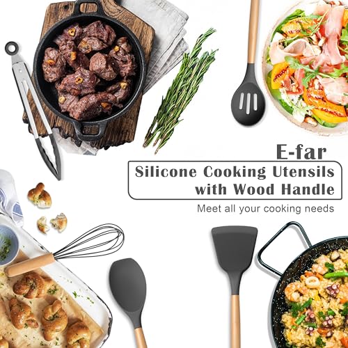 E-far Gray Silicone Cooking Utensils Set, 10-Piece Kitchen Utensils Set with Wooden Handle for Nonstick Cookware, Heat Resistant Kitchen Nonstick Tools Spatula Whisk Tongs Ladle, Non-toxic & Healthy - color: Gray, size: 10