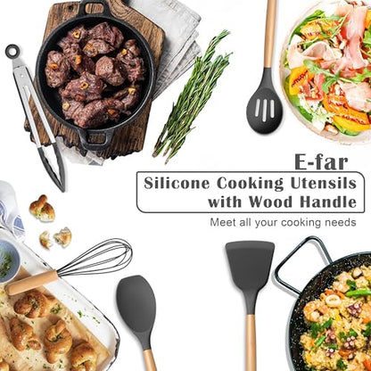 E-far Gray Silicone Cooking Utensils Set, 10-Piece Kitchen Utensils Set with Wooden Handle for Nonstick Cookware, Heat Resistant Kitchen Nonstick Tools Spatula Whisk Tongs Ladle, Non-toxic & Healthy - color: Gray, size: 10